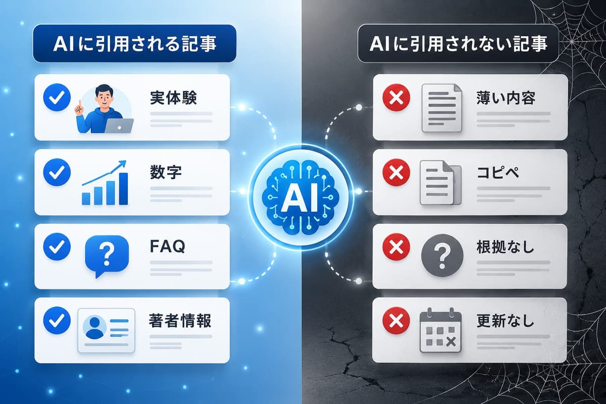 「AIに引用される記事」（実体験・数字・FAQ・著者情報）と「AIに引用されない記事」（薄い内容・コピペ・根拠なし・更新なし）の対比図